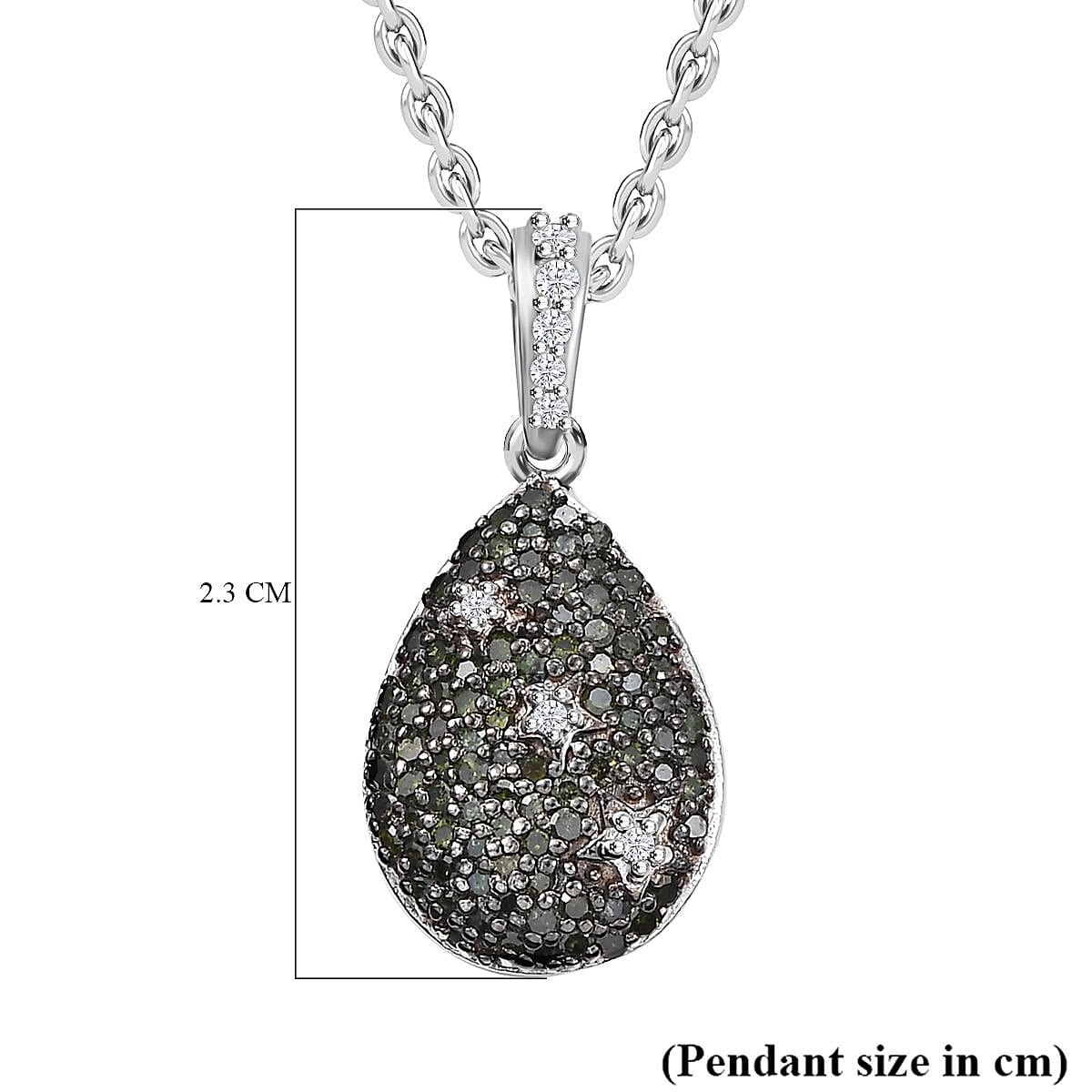 Green Diamond & White Diamond Pendant with Chain (Size - 20) in Rhodium Overlay Sterling Silver 0.53 Ct.