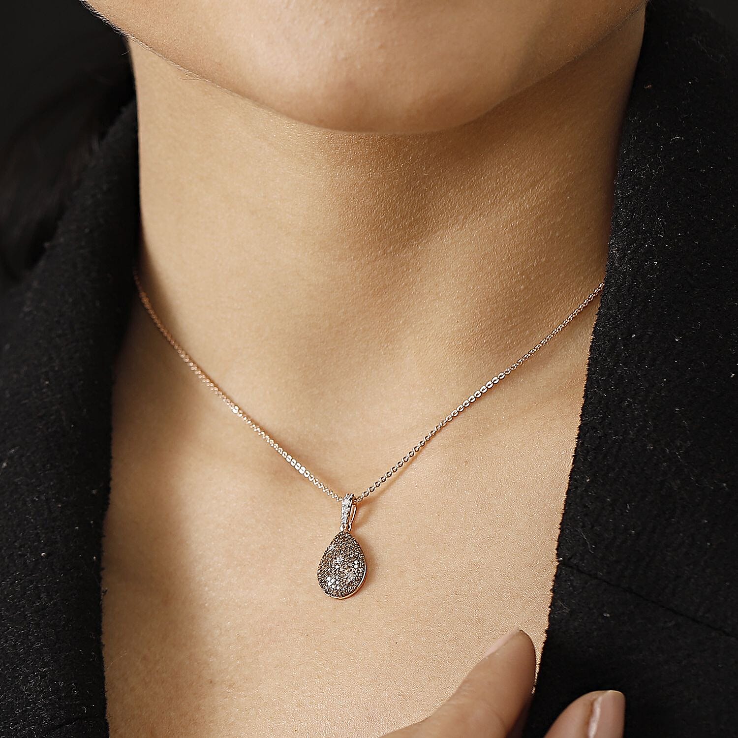 Champagne Diamon & White Diamond Pendant with Chain (Size - 20) in 18K Vermeil Rose Gold Plated Sterling Silver 0.50 Ct.