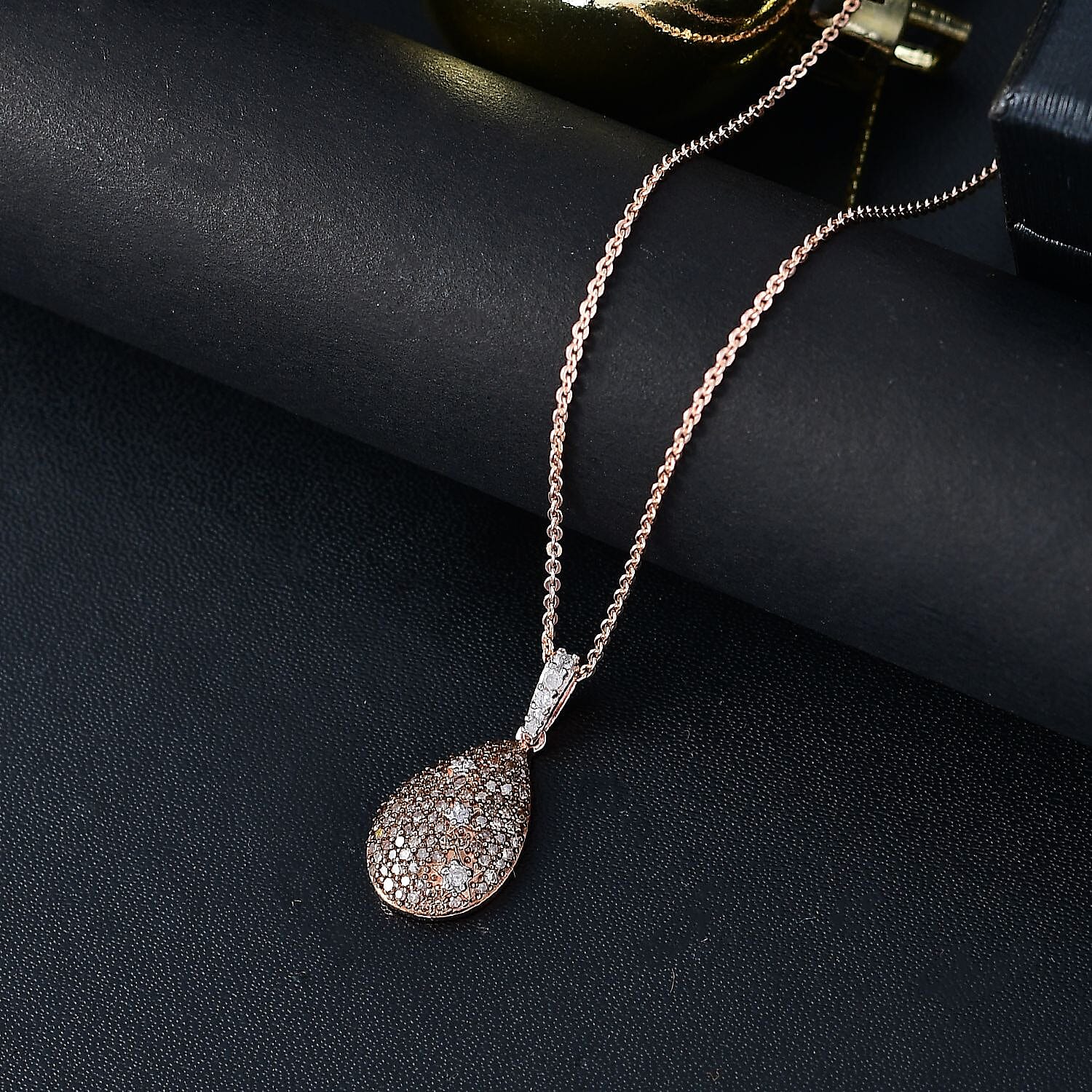 Champagne Diamon & White Diamond Pendant with Chain (Size - 20) in 18K Vermeil Rose Gold Plated Sterling Silver 0.50 Ct.