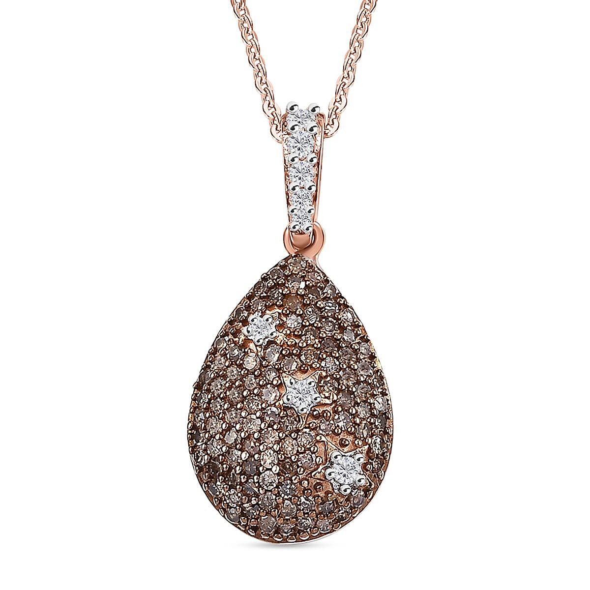 Champagne Diamon & White Diamond Pendant with Chain (Size - 20) in 18K Vermeil Rose Gold Plated Sterling Silver 0.50 Ct.