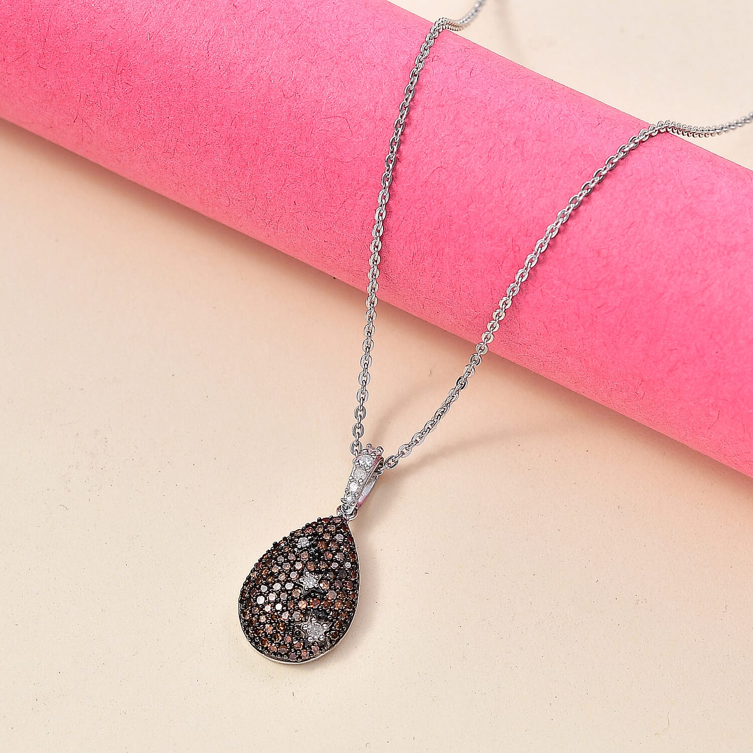 Orange Red Diamond & White Natural Diamond Pendant with Chain (Size 20) in Rhodium Overlay Sterling Silver