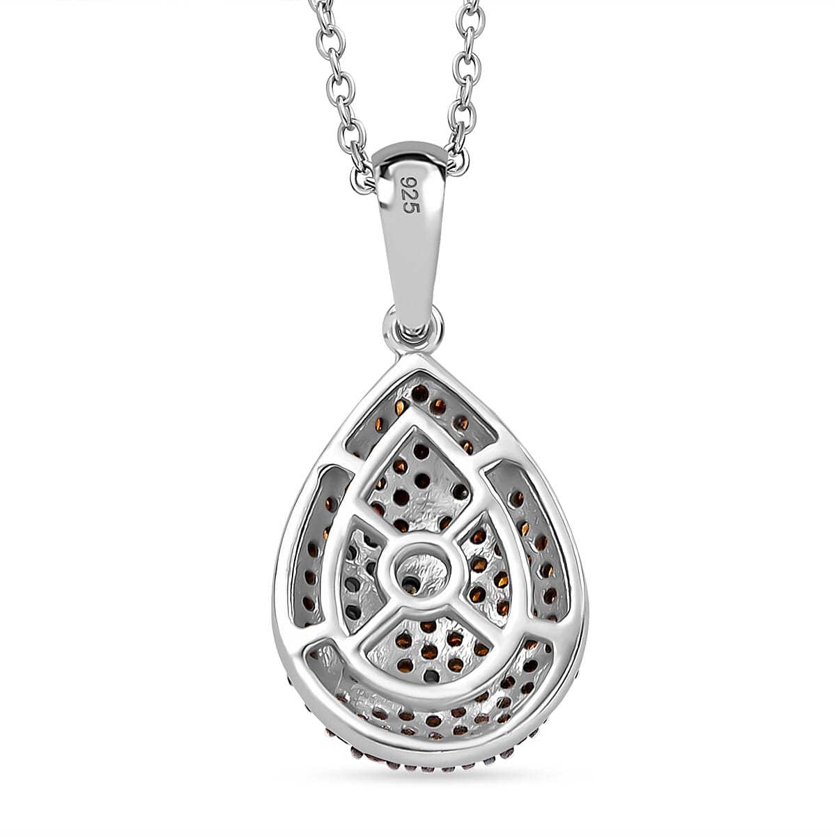 Orange Red Diamond & White Natural Diamond Pendant with Chain (Size 20) in Rhodium Overlay Sterling Silver