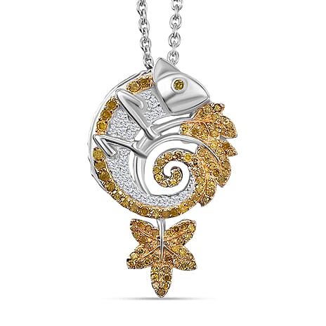 Natural White & Yellow Diamond Pendant with Chain (Size 20) in Rhodium Overlay Sterling Silver 0.50 Ct.