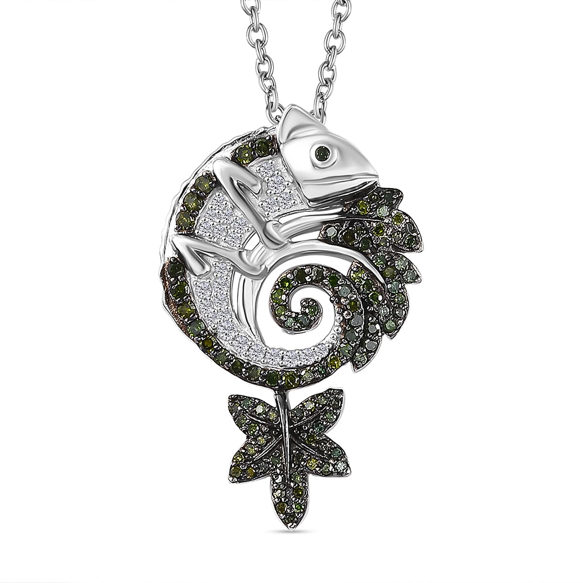 Green & White Diamond Chameleon Motif Pendant with Chain (Size 20) in Rhodium Overlay Sterling Silver 0.70 Ct, Silver Wt. 6.86 Gms.
