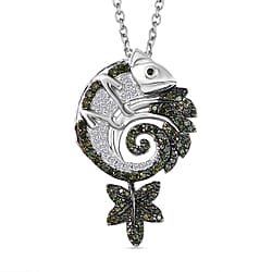 Green & White Diamond Chameleon Motif Pendant with Chain (Size 20) in Rhodium Overlay Sterling Silver 0.70 Ct, Silver Wt. 6.86 Gms.
