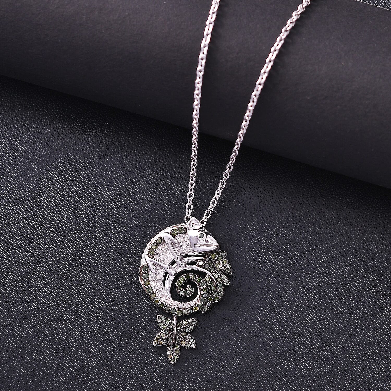Green & White Diamond Chameleon Motif Pendant with Chain (Size 20) in Rhodium Overlay Sterling Silver 0.70 Ct, Silver Wt. 6.86 Gms.