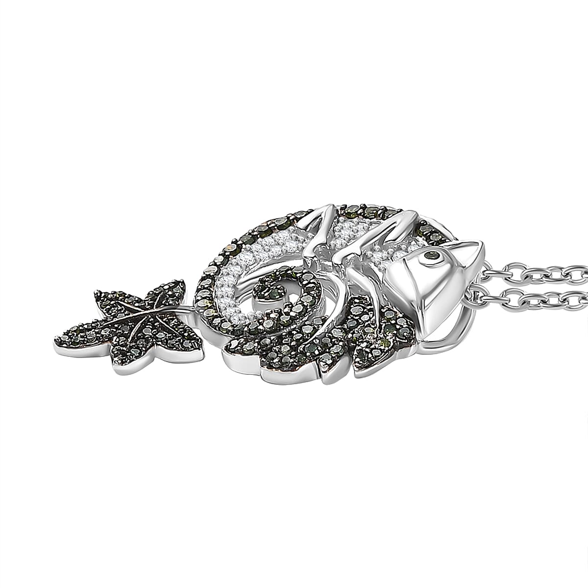 Green & White Diamond Chameleon Motif Pendant with Chain (Size 20) in Rhodium Overlay Sterling Silver 0.70 Ct, Silver Wt. 6.86 Gms.