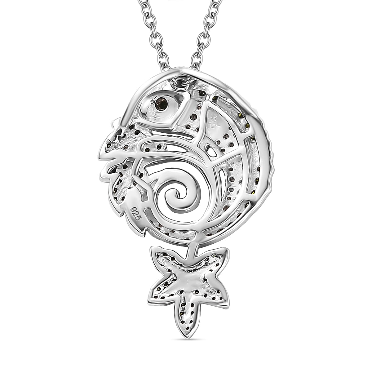 Green & White Diamond Chameleon Motif Pendant with Chain (Size 20) in Rhodium Overlay Sterling Silver 0.70 Ct, Silver Wt. 6.86 Gms.