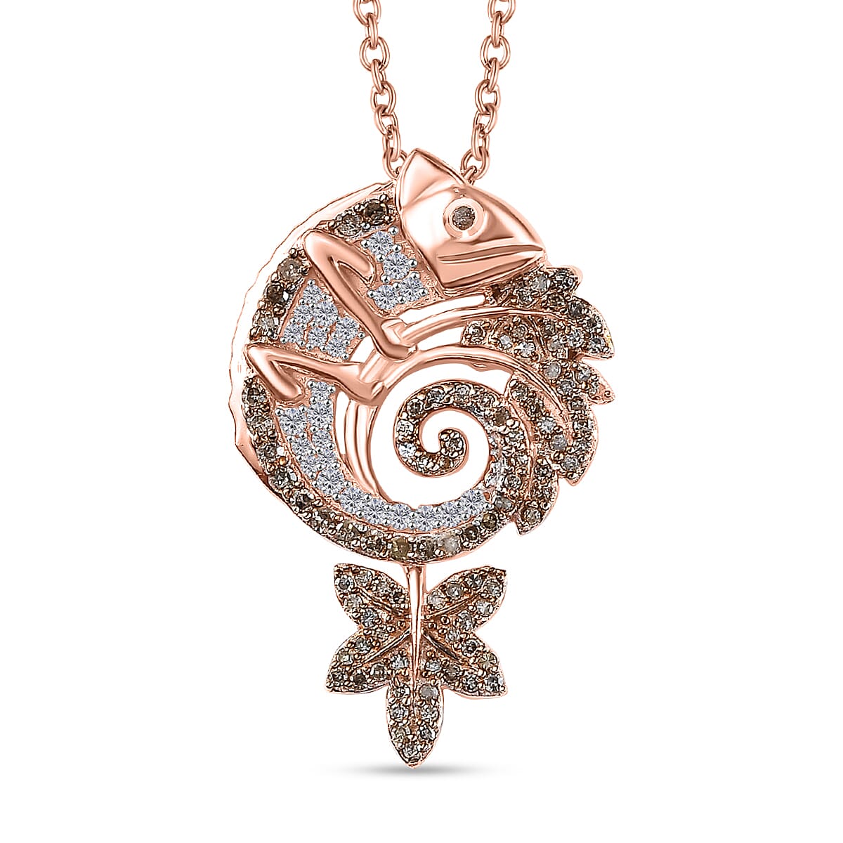 Champagne & White Diamond Chameleon Motif Pendant with Chain (Size 20) in 18K Vermeil Rose Gold Plated Sterling Silver 0.70 Ct.