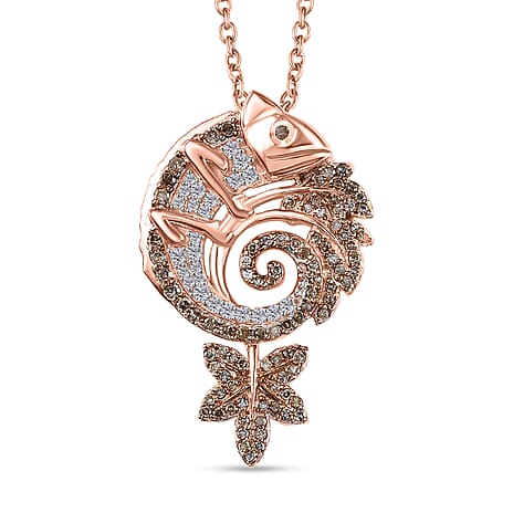 Champagne & White Diamond Chameleon Motif Pendant with Chain (Size 20) in 18K Vermeil Rose Gold Plated Sterling Silver 0.70 Ct.