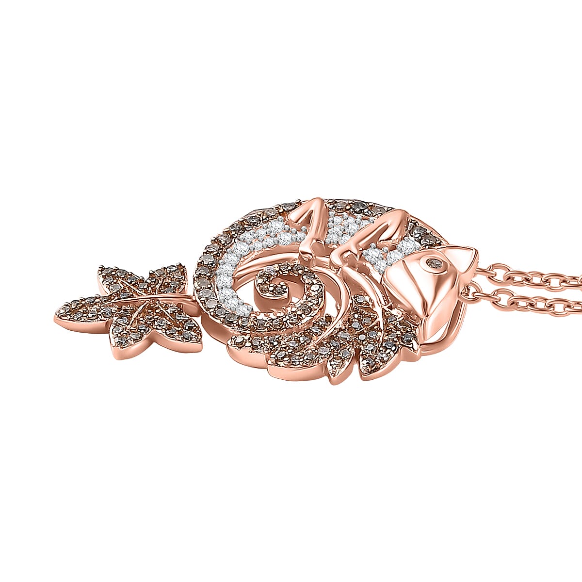 Champagne & White Diamond Chameleon Motif Pendant with Chain (Size 20) in 18K Vermeil Rose Gold Plated Sterling Silver 0.70 Ct.