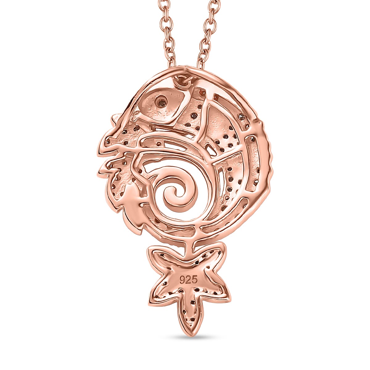 Champagne & White Diamond Chameleon Motif Pendant with Chain (Size 20) in 18K Vermeil Rose Gold Plated Sterling Silver 0.70 Ct.