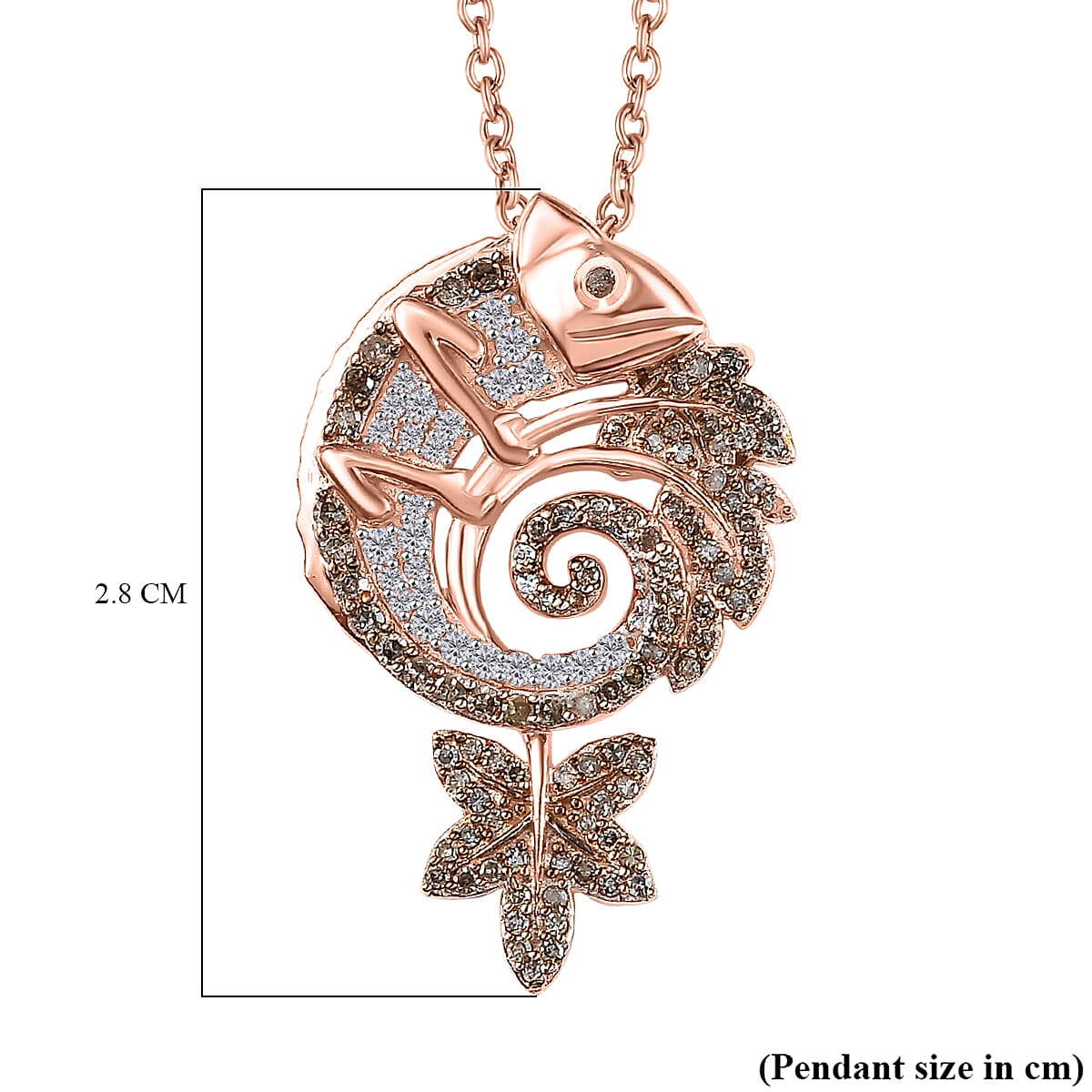 Champagne & White Diamond Chameleon Motif Pendant with Chain (Size 20) in 18K Vermeil Rose Gold Plated Sterling Silver 0.70 Ct.