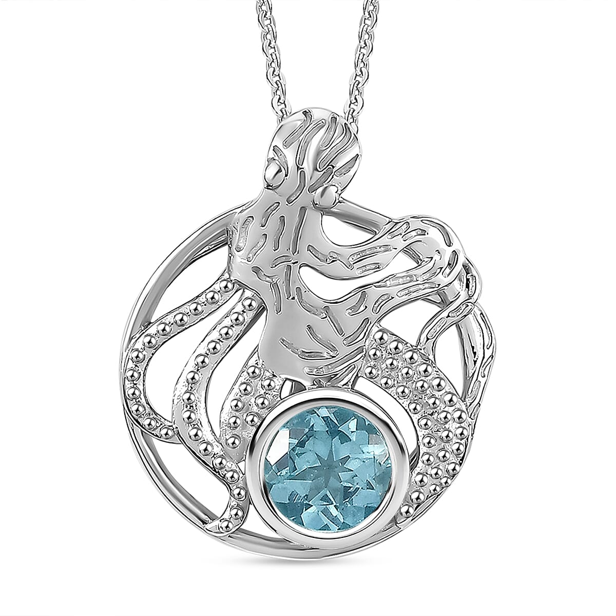 Lagoon Apatite Pendant with Chain (Size - 20) in Rhodium Overlay Sterling Silver