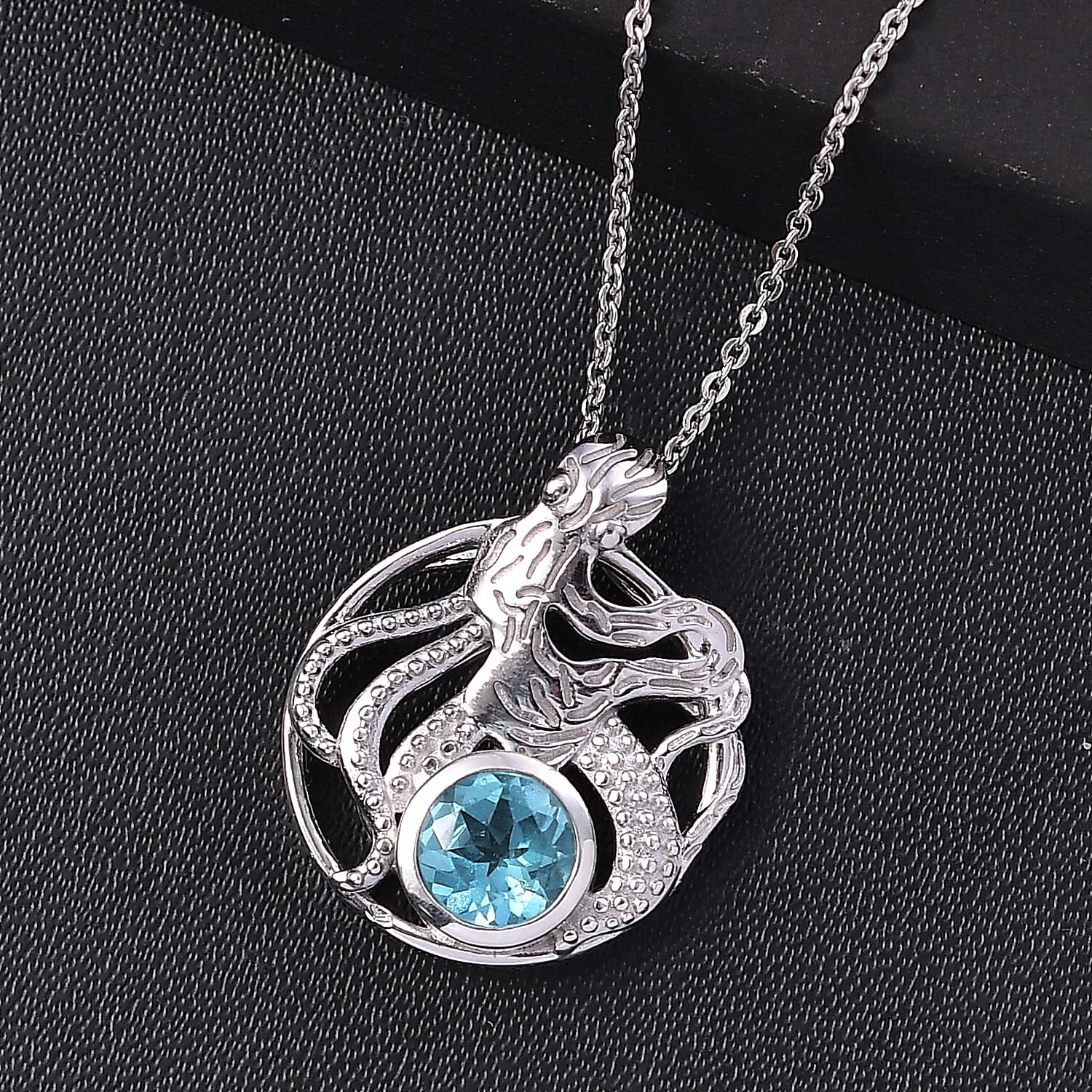 Lagoon Apatite Pendant with Chain (Size - 20) in Rhodium Overlay Sterling Silver