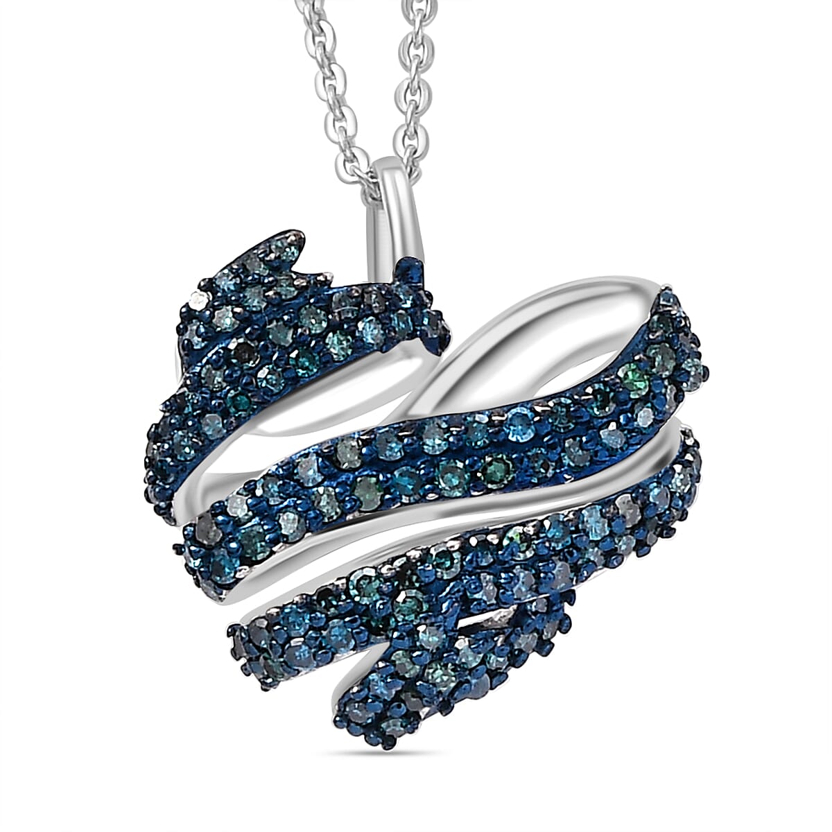 GP Blue Diamond, Blue Sapphire Pendant with Chain (Size 20) in Rhodium Overlay Sterling Silver 0.50 Ct