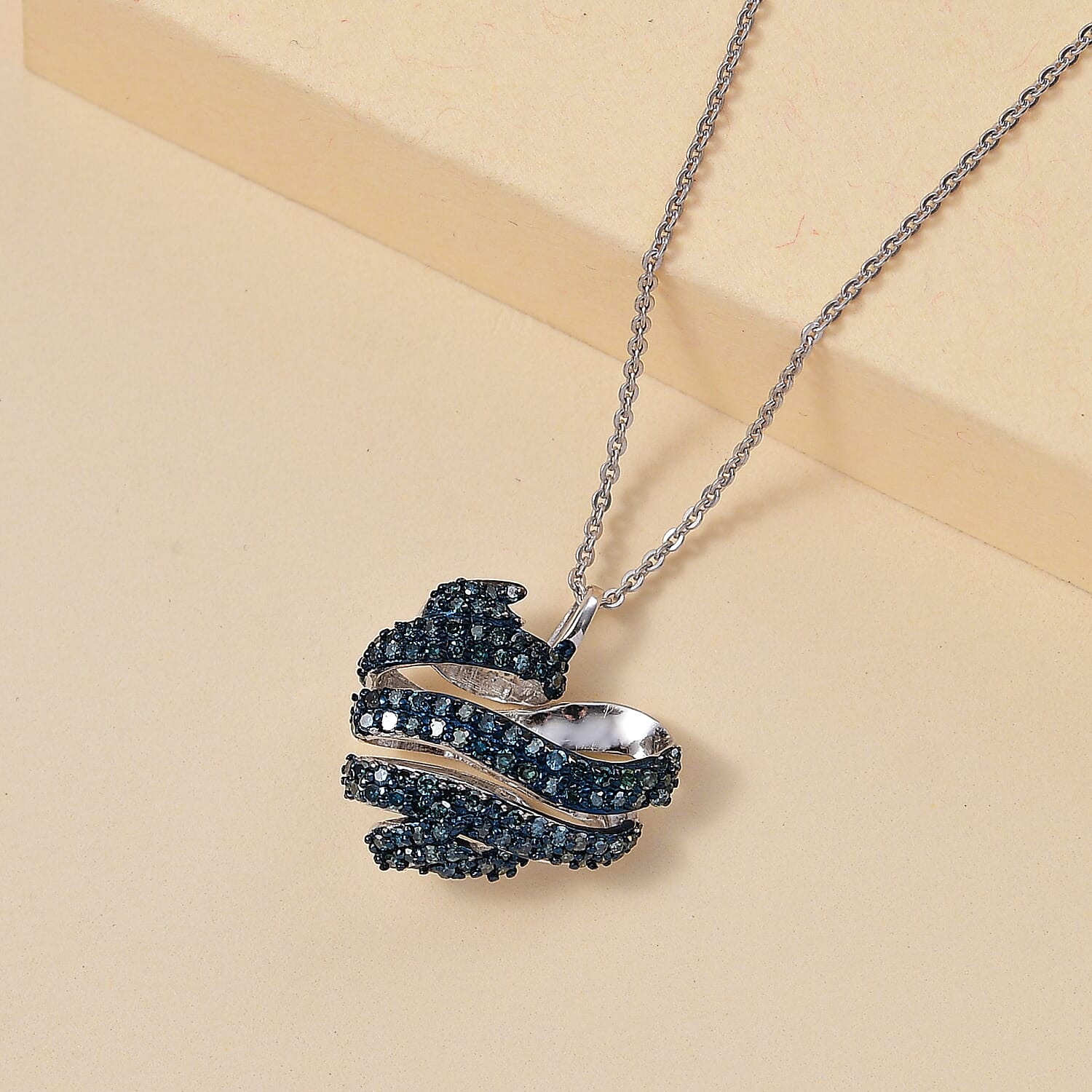 GP Blue Diamond, Blue Sapphire Pendant with Chain (Size 20) in Rhodium Overlay Sterling Silver 0.50 Ct