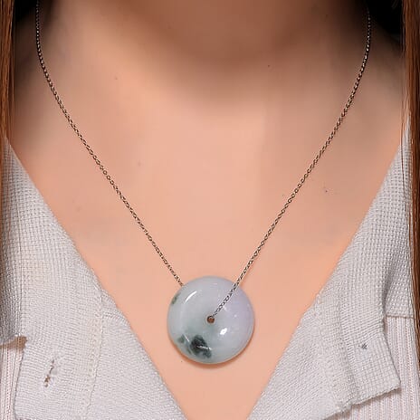 Extreme Rare Find - Natural Type A Bi Colour Jadeite Jade Button Pendant With Chain (Size 20) in Rhodium Overlay Sterling Silver 40.0 Ct.
