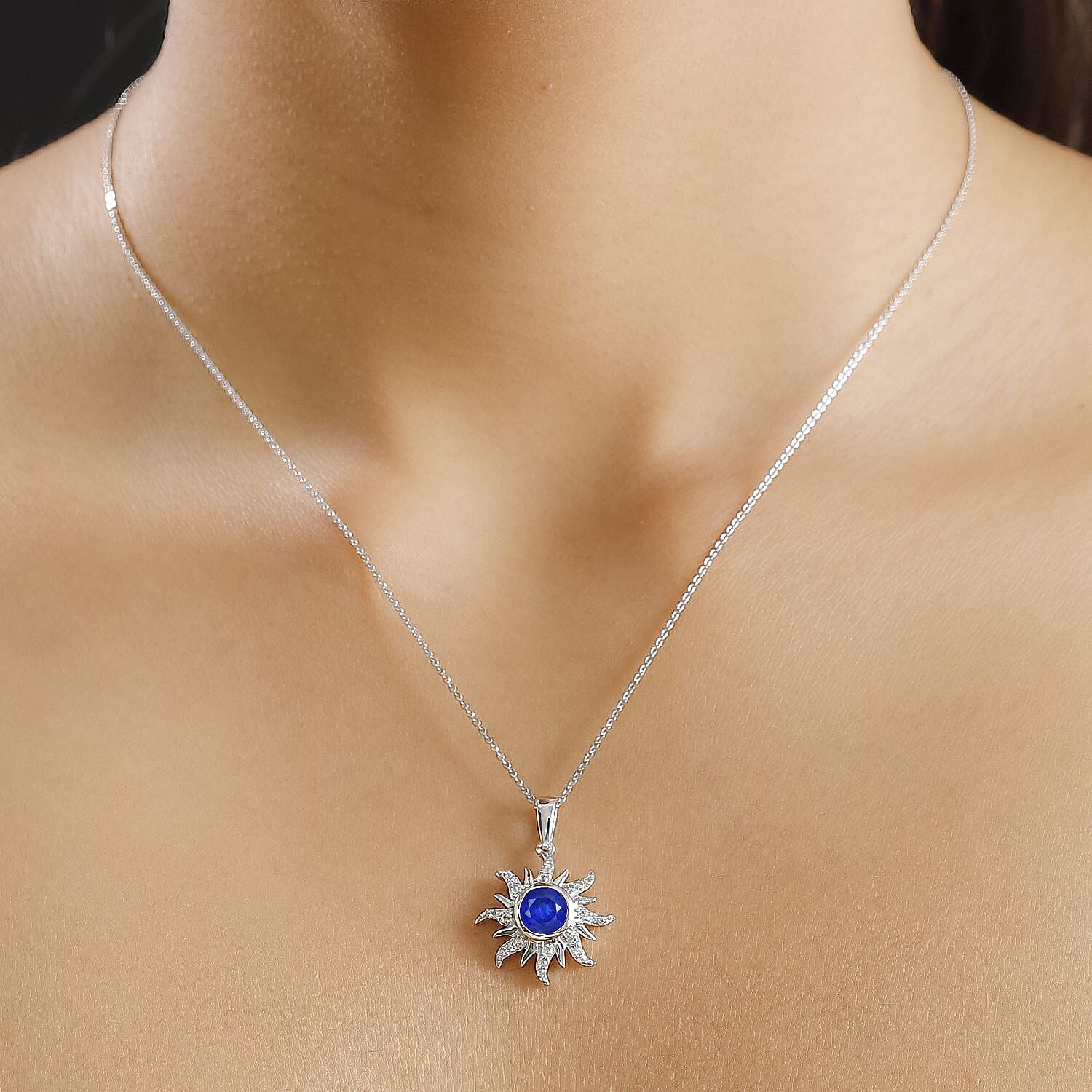 Premium Vietnamese Cobalt Blue Spinel & White Zircon Pendant with Chain (Size - 20) in Rhodium Overlay Sterling Silver 2.80 Ct.