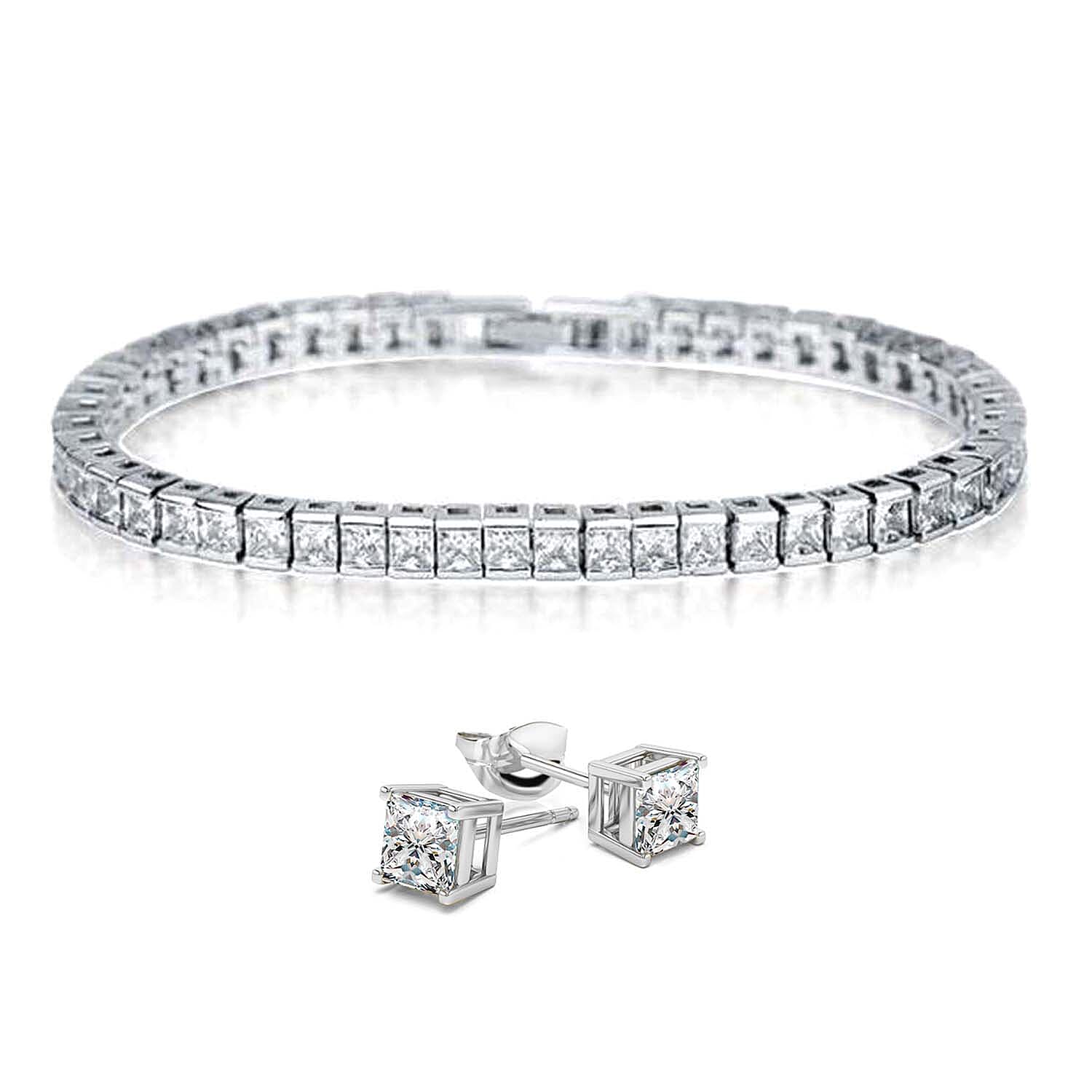 NY Close Out Deal - 2 Piece Set - Cubic Zirconia Bracelet (Size 7.5) & Earrings with Push Back 7.20 Ct.