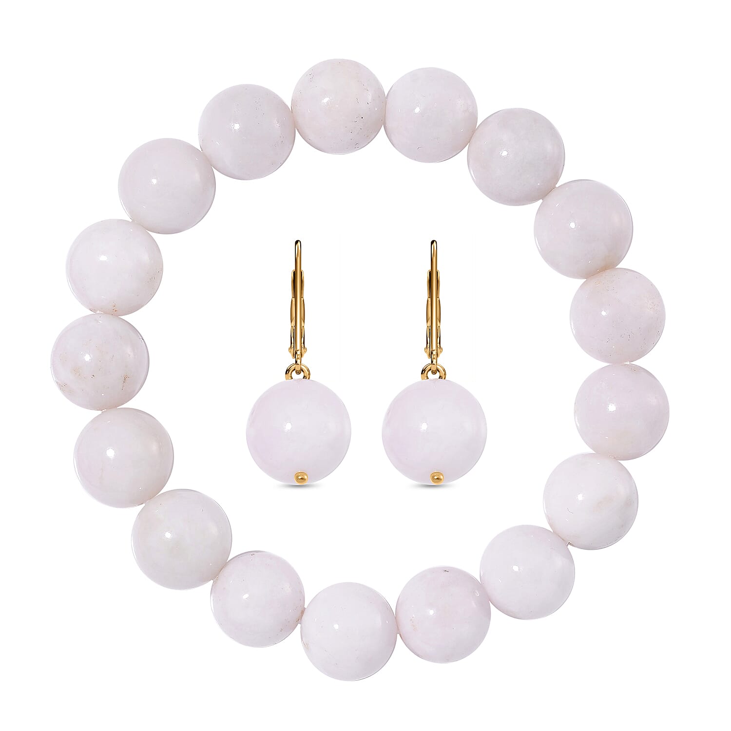 Natural Type A White Jadeite Beads Stretchable Bracelet (Size 7.5) & Earrings with Lever Back in Vermeil Yellow Gold Plated Sterling Silver 370.00 Ct.