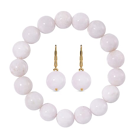 Natural Type A White Jadeite Beads Stretchable Bracelet (Size 7.5) & Earrings with Lever Back in Vermeil Yellow Gold Plated Sterling Silver 370.00 Ct.
