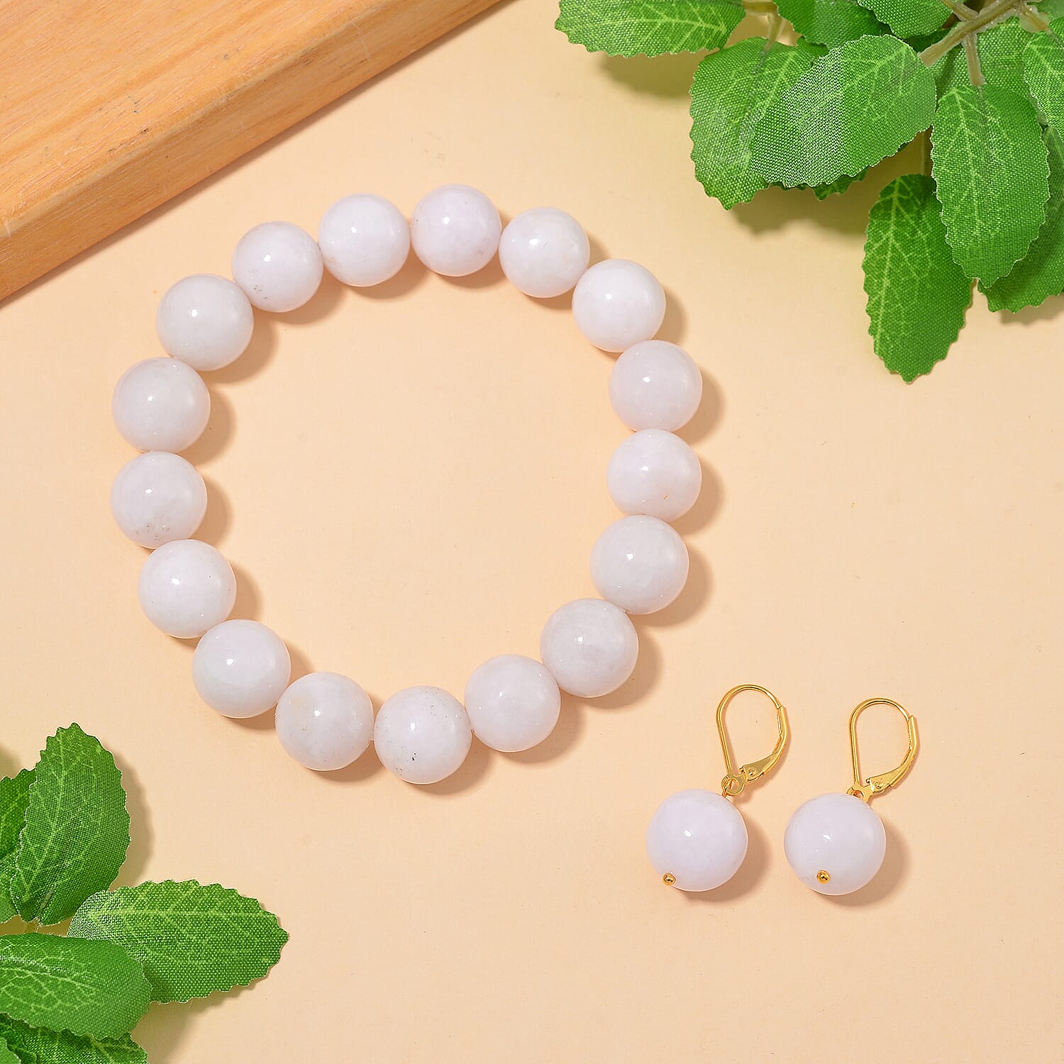 Natural Type A White Jadeite Beads Stretchable Bracelet (Size 7.5) & Earrings with Lever Back in Vermeil Yellow Gold Plated Sterling Silver 370.00 Ct.
