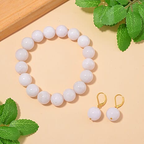 Natural Type A White Jadeite Beads Stretchable Bracelet (Size 7.5) & Earrings with Lever Back in Vermeil Yellow Gold Plated Sterling Silver 370.00 Ct.