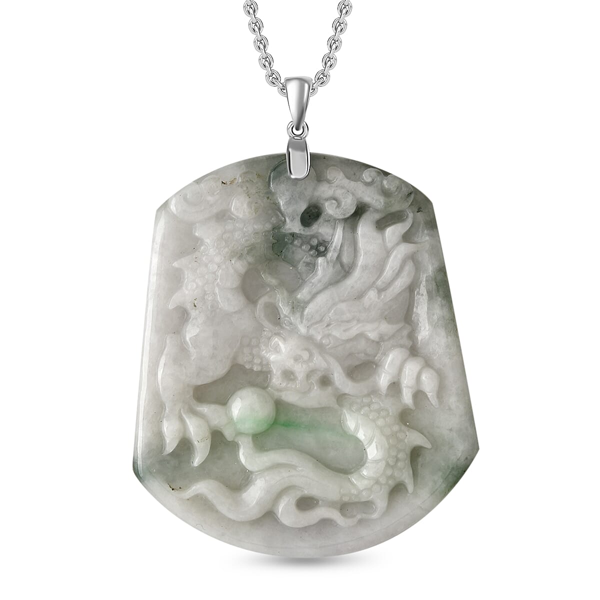 Natural Type A Bi Colour Jadeite Carved Dragon Round Pendant with Chain (Size - 20) with Lobster Clasp in Rhodium Overlay Sterling Silver 124.00 Ct.