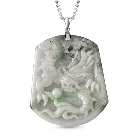 Natural Type A Bi Colour Jadeite Carved Dragon Round Pendant with Chain (Size - 20) with Lobster Clasp in Rhodium Overlay Sterling Silver 124.00 Ct.