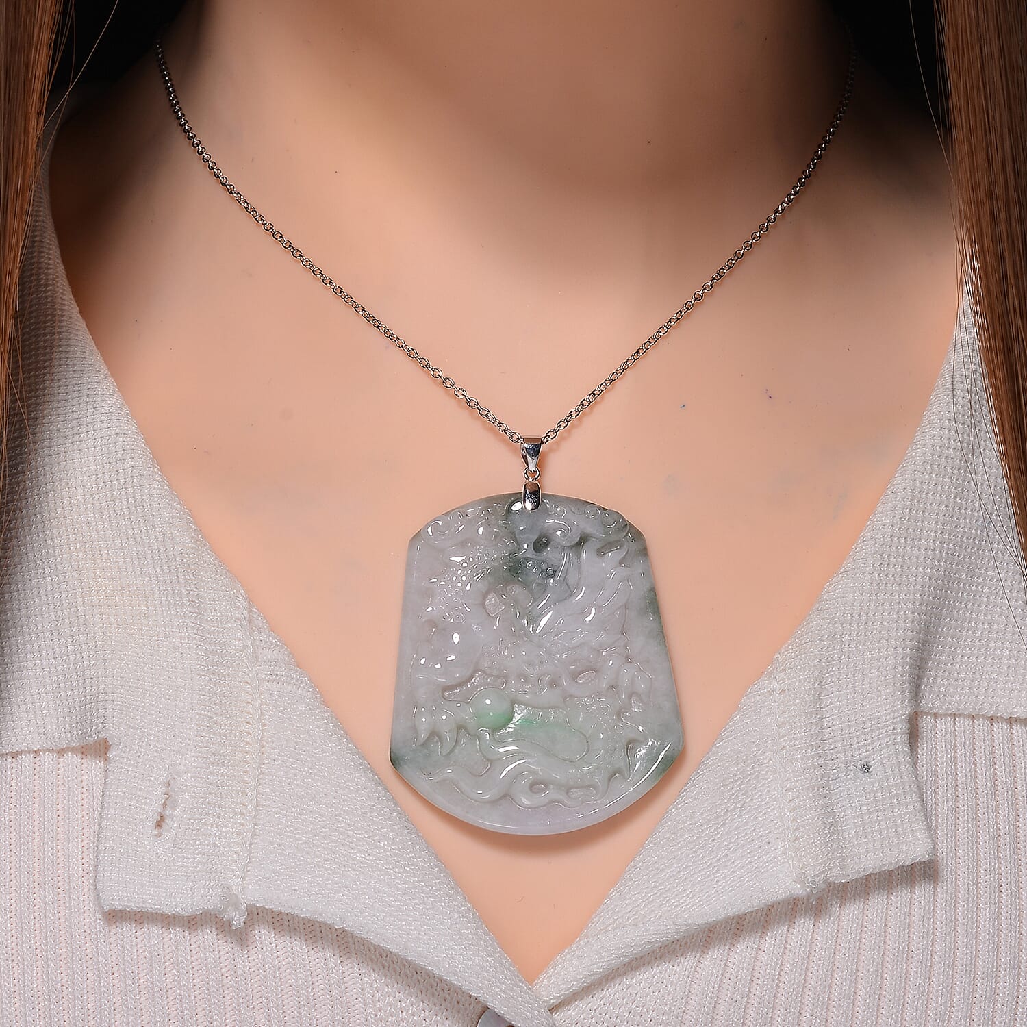 Natural Type A Bi Colour Jadeite Carved Dragon Round Pendant with Chain (Size - 20) with Lobster Clasp in Rhodium Overlay Sterling Silver 124.00 Ct.