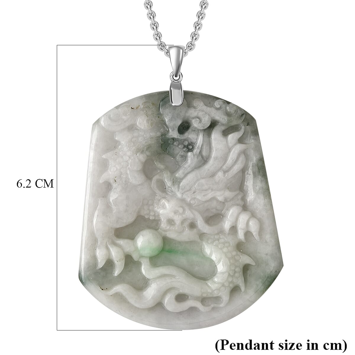 Natural Type A Bi Colour Jadeite Carved Dragon Round Pendant with Chain (Size - 20) with Lobster Clasp in Rhodium Overlay Sterling Silver 124.00 Ct.