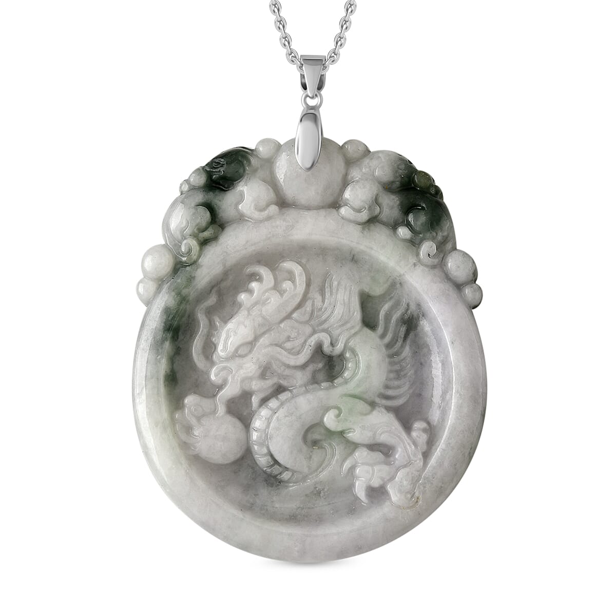 Natural Type A Bi Colour Jadeite Carved Dragon Pendant with Chain (Size - 20) with Lobster Clasp in Rhodium Overlay Sterling Silver 155.00 Ct