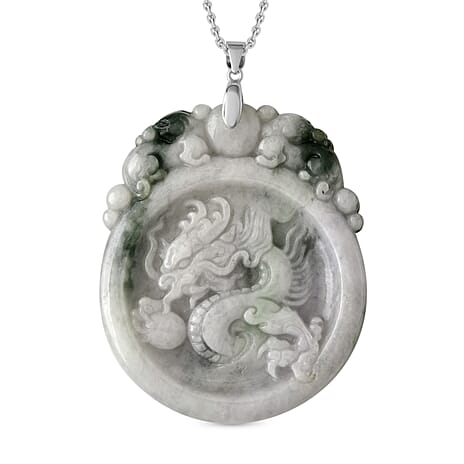 Natural Type A Bi Colour Jadeite Carved Dragon Pendant with Chain (Size - 20) with Lobster Clasp in Rhodium Overlay Sterling Silver 155.00 Ct