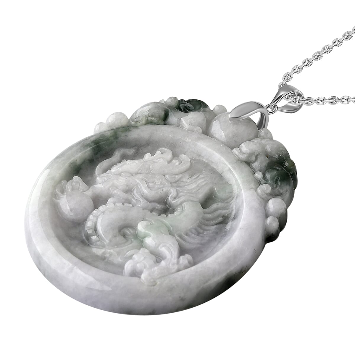 Natural Type A Bi Colour Jadeite Carved Dragon Pendant with Chain (Size - 20) with Lobster Clasp in Rhodium Overlay Sterling Silver 155.00 Ct