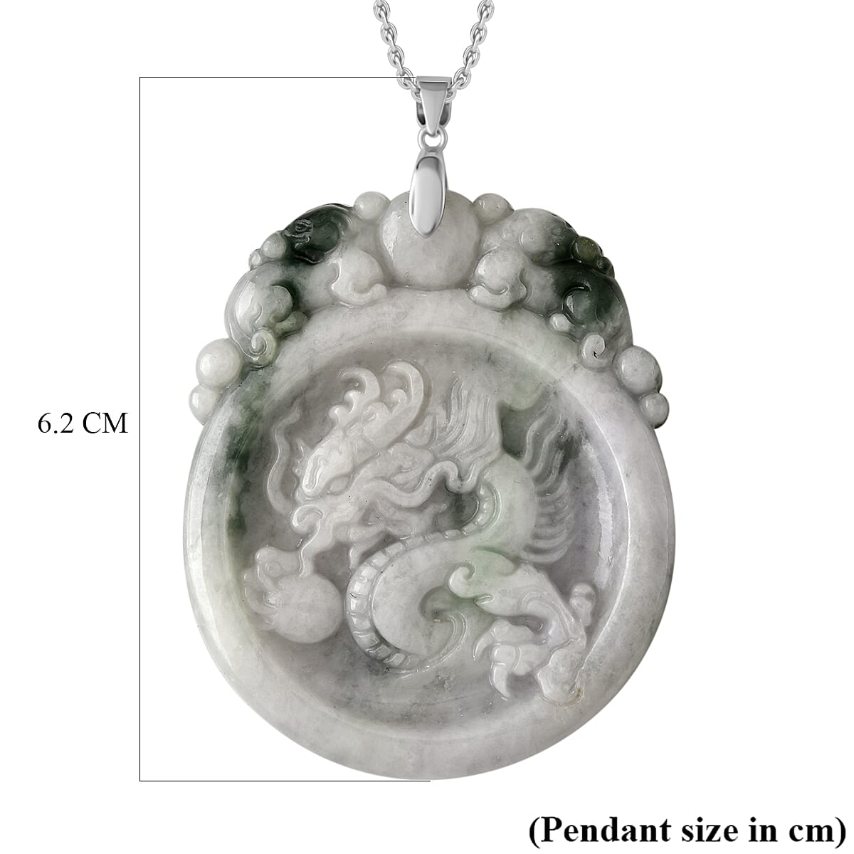 Natural Type A Bi Colour Jadeite Carved Dragon Pendant with Chain (Size - 20) with Lobster Clasp in Rhodium Overlay Sterling Silver 155.00 Ct