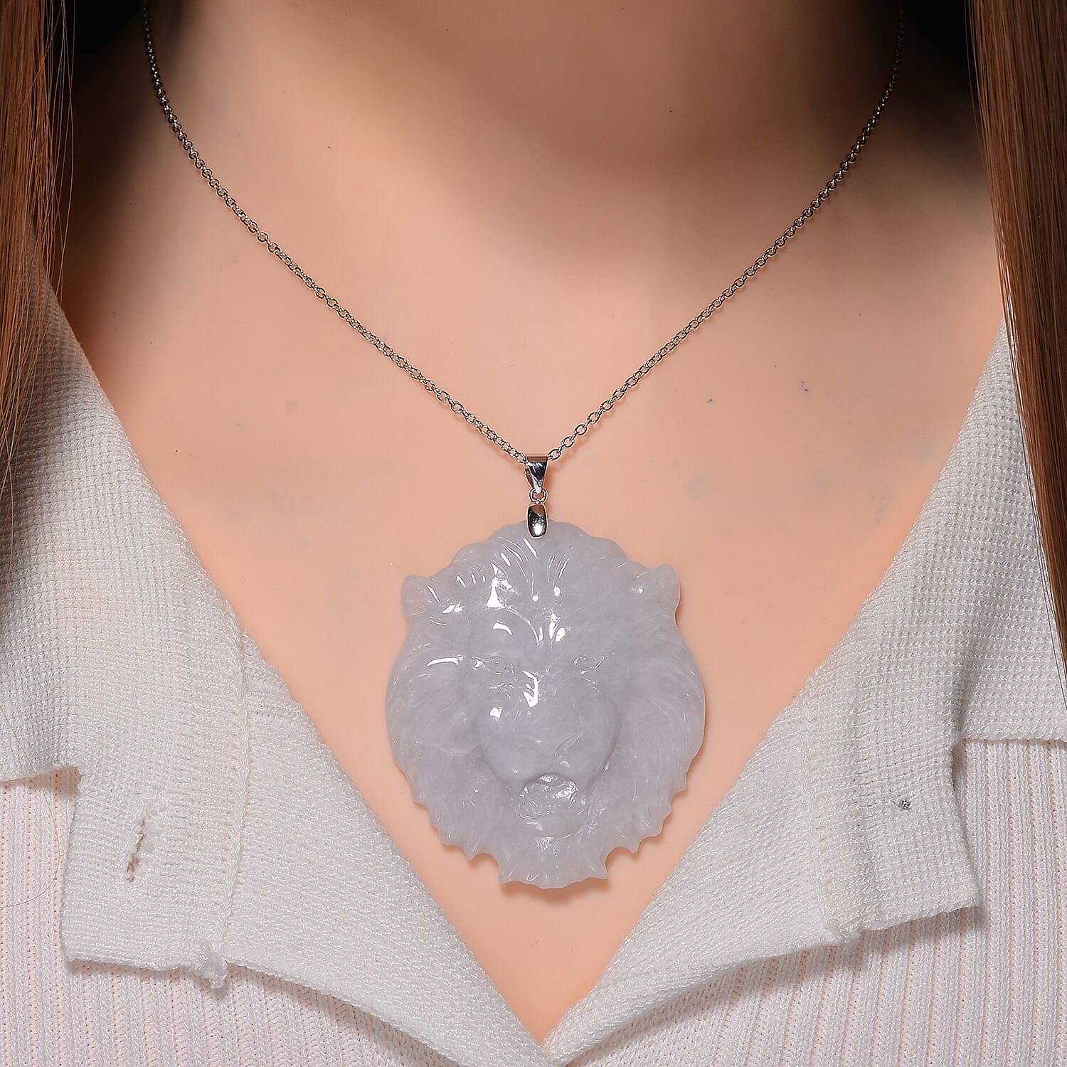 Natural Type A Jadeite Carved Lion Pendant with Chain (Size - 20) with Lobster Clasp in Rhodium Overlay Sterling Silver 129.00 Ct.