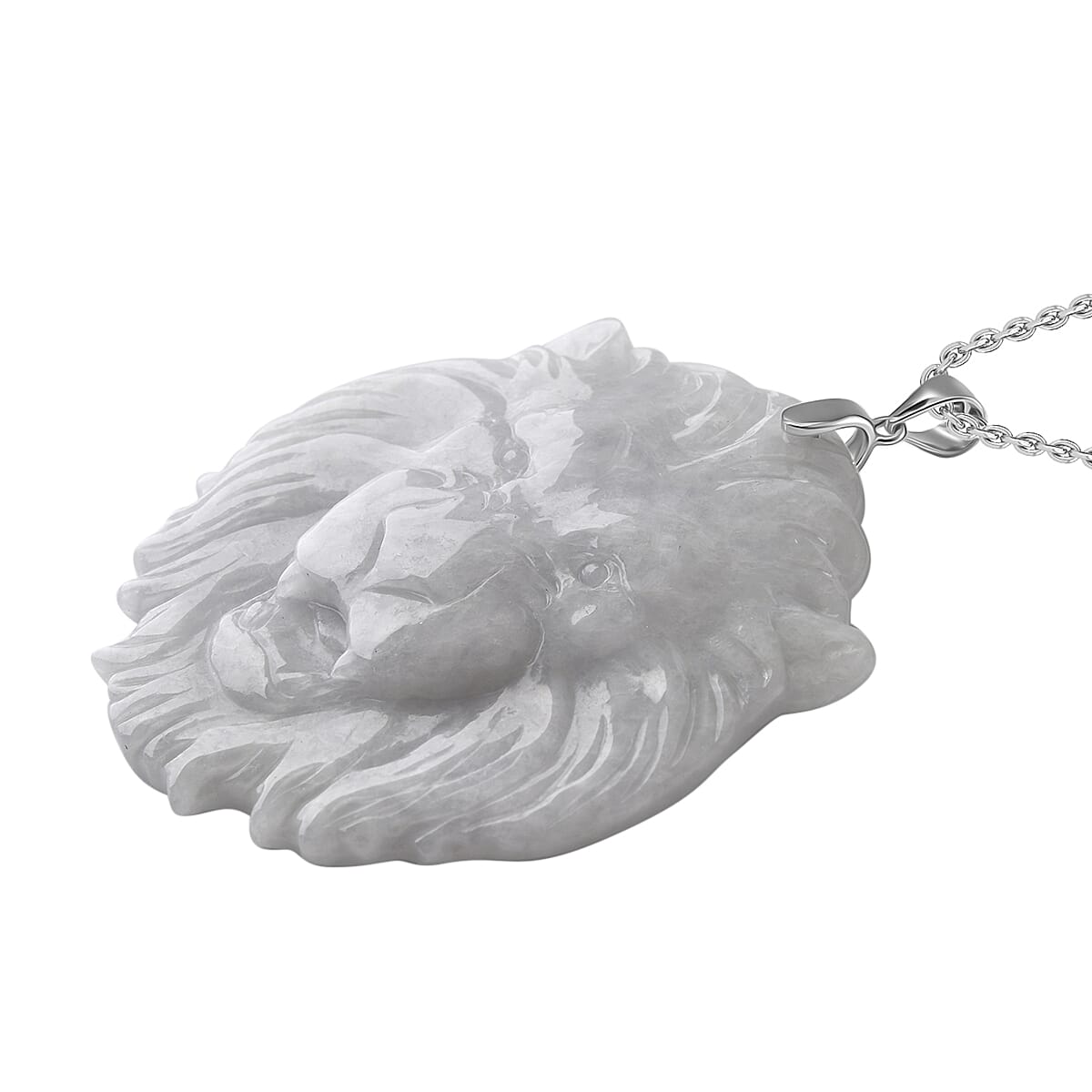 Natural Type A Jadeite Carved Lion Pendant with Chain (Size - 20) with Lobster Clasp in Rhodium Overlay Sterling Silver 129.00 Ct.