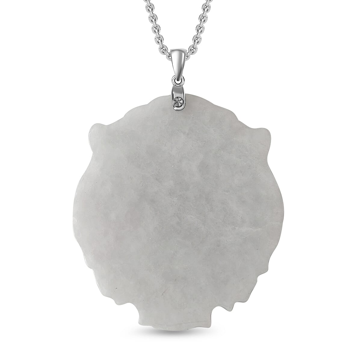 Natural Type A Jadeite Carved Lion Pendant with Chain (Size - 20) with Lobster Clasp in Rhodium Overlay Sterling Silver 129.00 Ct.