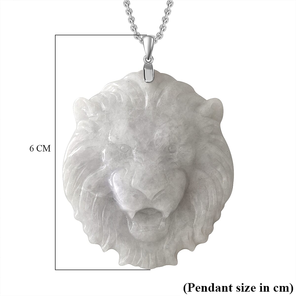 Natural Type A Jadeite Carved Lion Pendant with Chain (Size - 20) with Lobster Clasp in Rhodium Overlay Sterling Silver 129.00 Ct.