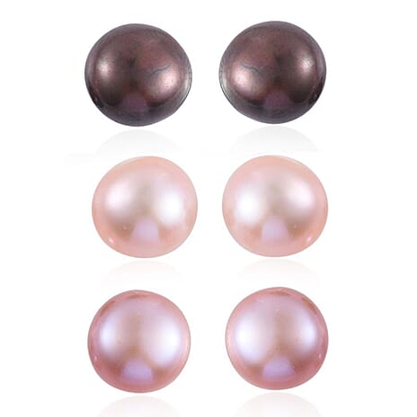Set of 3 - Fresh Water Peach, Peacock & Purple Pearl Earring With Push Back in Rhodium Overlay Sterling Silver 24.00 Ct.