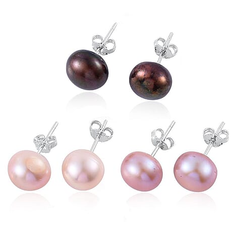 Set of 3 - Fresh Water Peach, Peacock & Purple Pearl Earring With Push Back in Rhodium Overlay Sterling Silver 24.00 Ct.