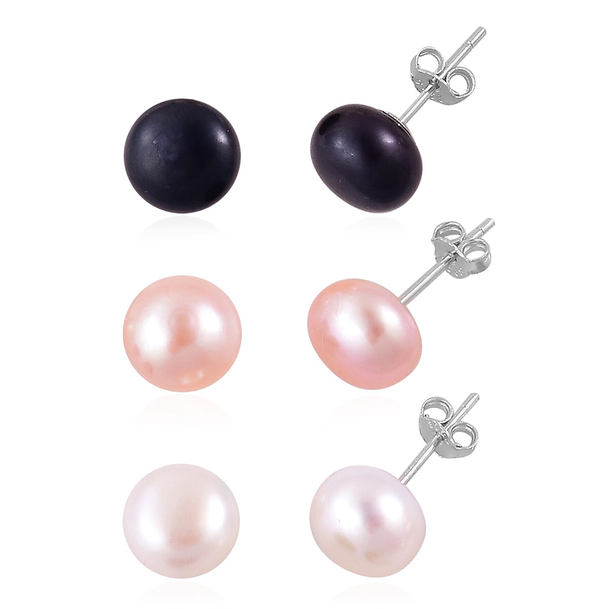 Set of 3 - Fresh Water Peacock, Peach & White Pearl Earring With Push Back in Rhodium Overlay Sterling Silver 24.00 Ct.