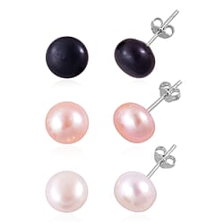 Set of 3 - Fresh Water Peacock, Peach & White Pearl Earring With Push Back in Rhodium Overlay Sterling Silver 24.00 Ct.