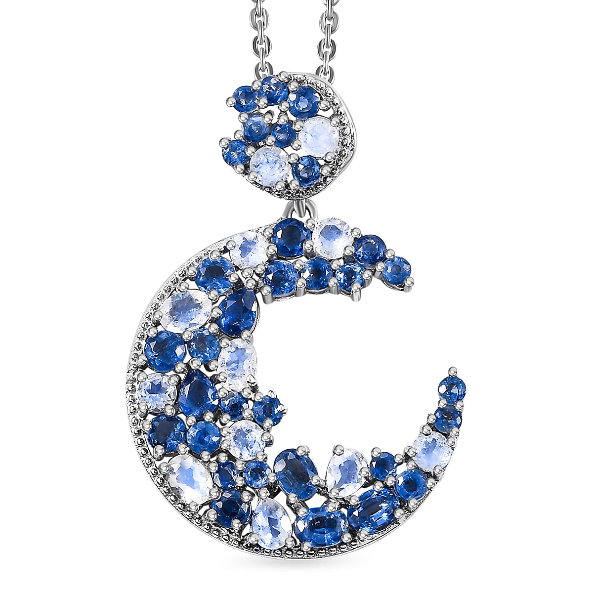 GP Celestial Collection - Moon Glow Stone, Kashmir Kyanite & Blue Sapphire Pendant with Chain (Size - 20) in Rhodium Overlay Sterling Silver 5.12 Ct, Silver Wt. 6.75 Gms.