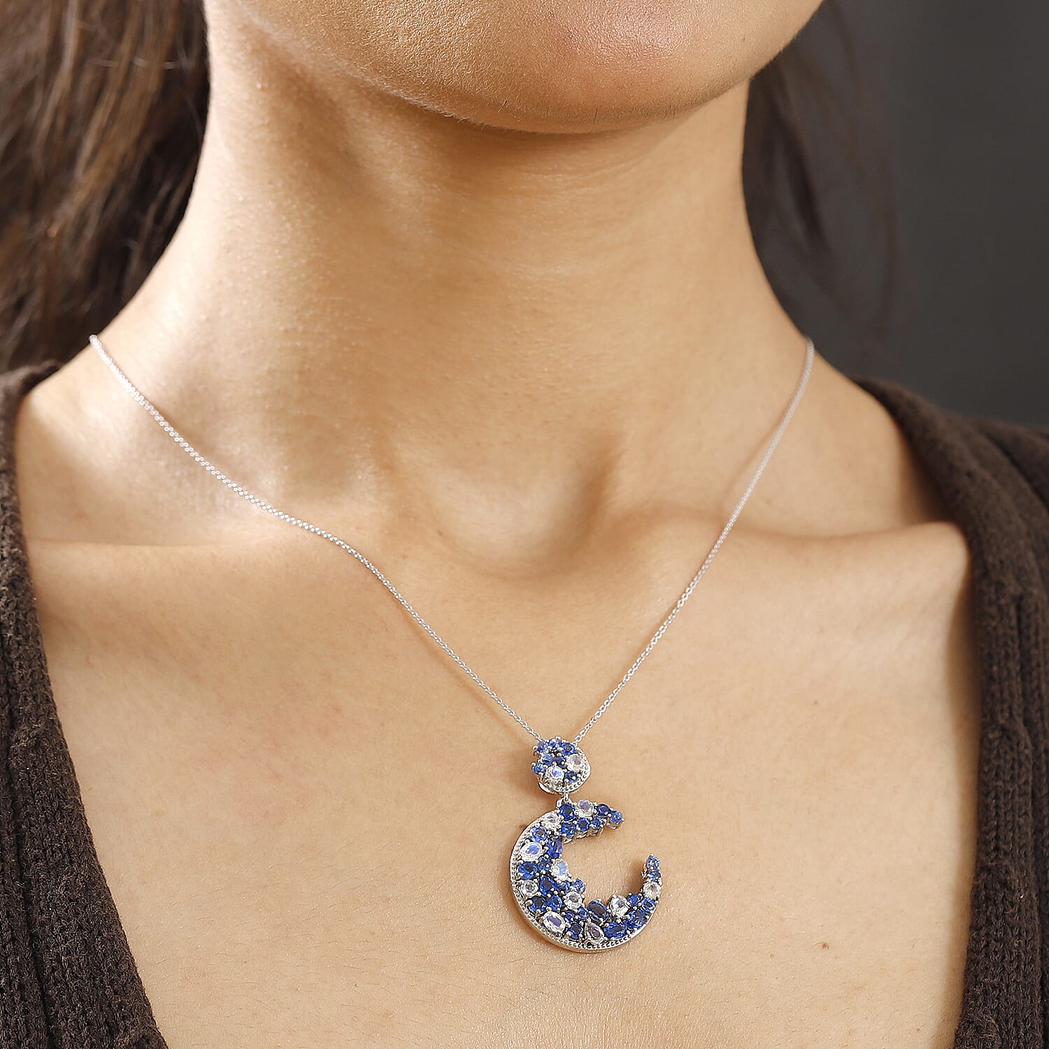 GP Celestial Collection - Moon Glow Stone, Kashmir Kyanite & Blue Sapphire Pendant with Chain (Size - 20) in Rhodium Overlay Sterling Silver 5.12 Ct, Silver Wt. 6.75 Gms.