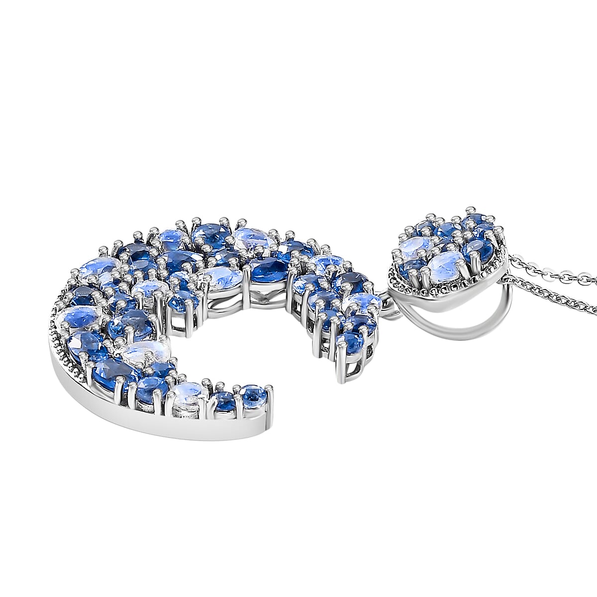 GP Celestial Collection - Moon Glow Stone, Kashmir Kyanite & Blue Sapphire Pendant with Chain (Size - 20) in Rhodium Overlay Sterling Silver 5.12 Ct, Silver Wt. 6.75 Gms.