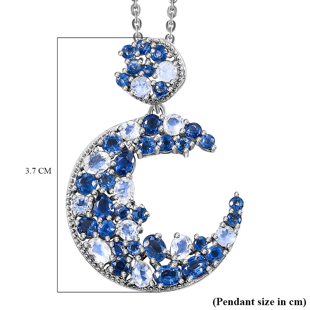 GP Celestial Collection - Moon Glow Stone, Kashmir Kyanite & Blue Sapphire Pendant with Chain (Size - 20) in Rhodium Overlay Sterling Silver 5.12 Ct, Silver Wt. 6.75 Gms.