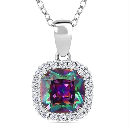 Mystic Topaz Cubic Zirconia, White Cubic Zirconia Halo Pendant with Chain (Size 20) in Rhodium Overlay Sterling Silver