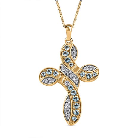 Skyblue Topaz & Moissanite Pendant with Chain (Size - 20) in 18K Vermeil Yellow Gold Plated Sterling Silver 1.46 Ct.
